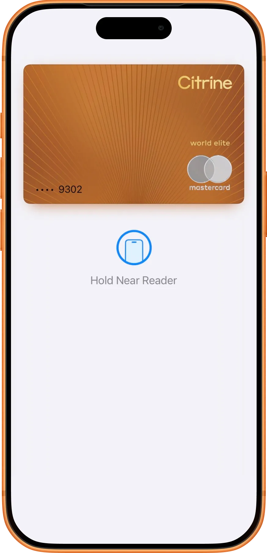 The Citrine card loaded into Apple Wallet, showing the 'Hold Near Reader' tap-to-pay prompt.