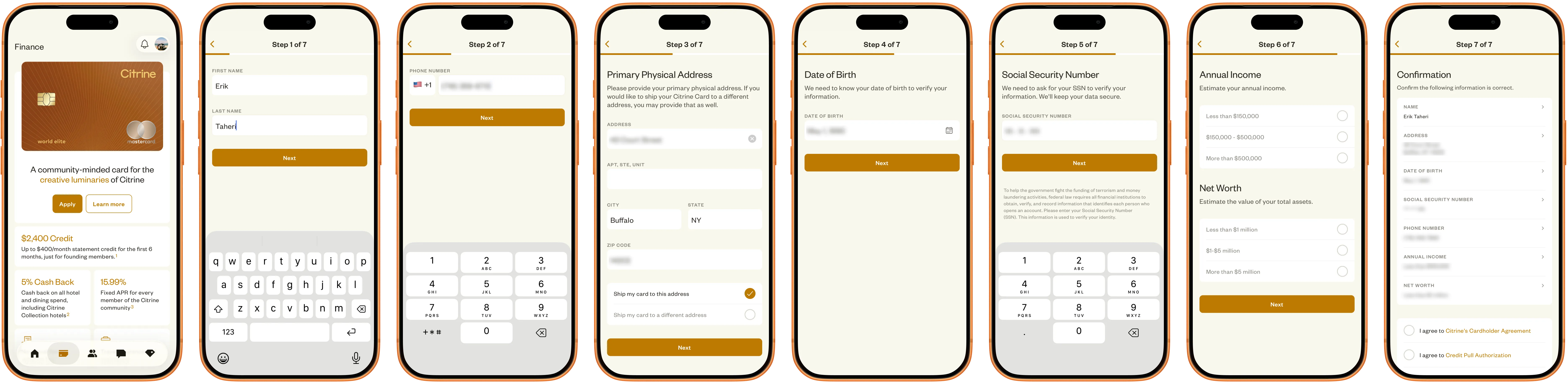 A strip of eight Citrine onboarding screens: the intro screen, then email, phone number, physical address, date of birth, Social Security number, and annual income and net worth, ending on a confirmation screen.